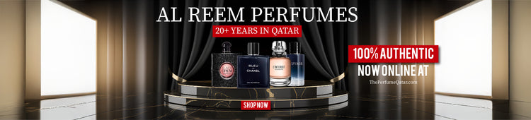 Advertisement for Al Reem Perfumes with two bottles displayed in a dark setting. now the name the perfume qatar