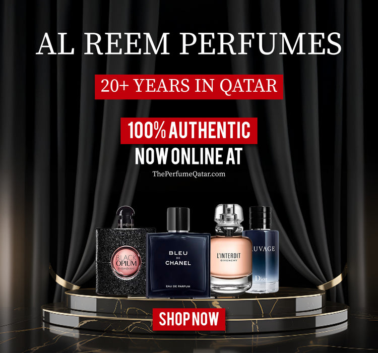 Al Reem Perfumes advertisement with three perfume bottles on a black platform against a dark curtain background. now the perfume qatar